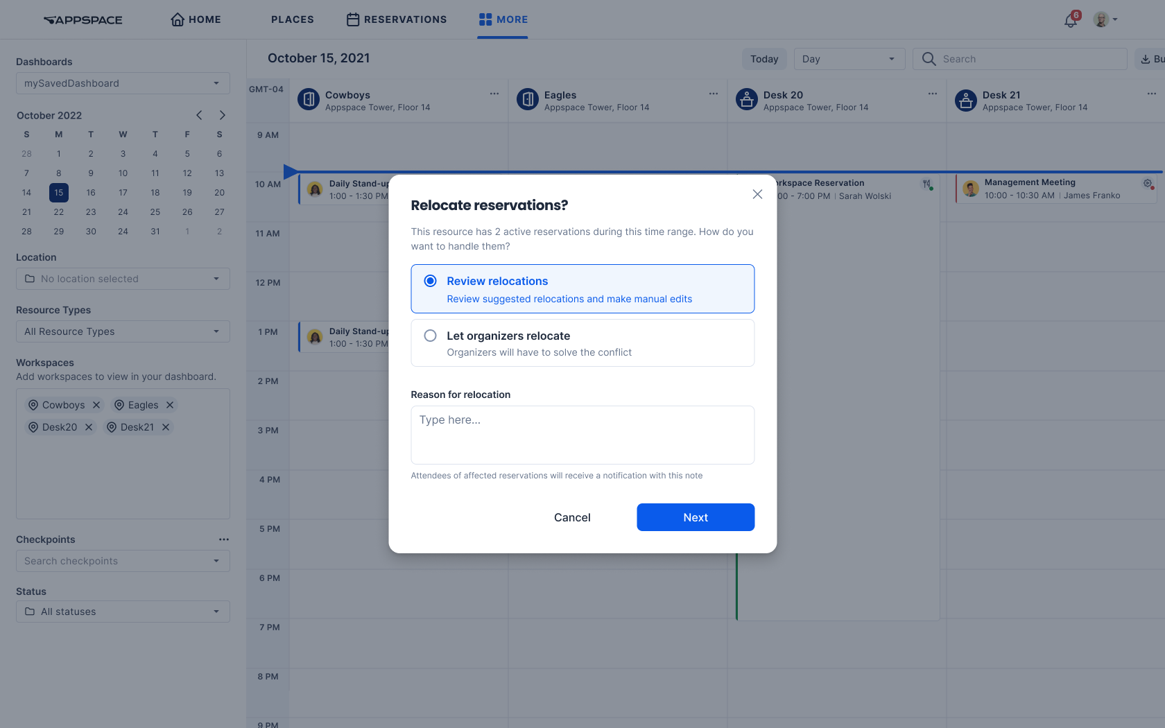 The start of the relocation flow. The admin/concierge can choose to either get suggestions for relocations, or leave it up to the organizers to choose the new room.