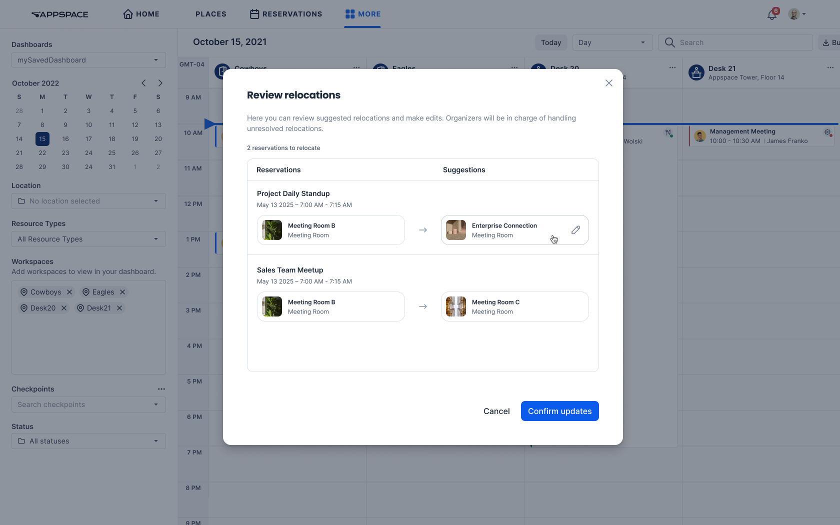 Relocation panel with suggestions