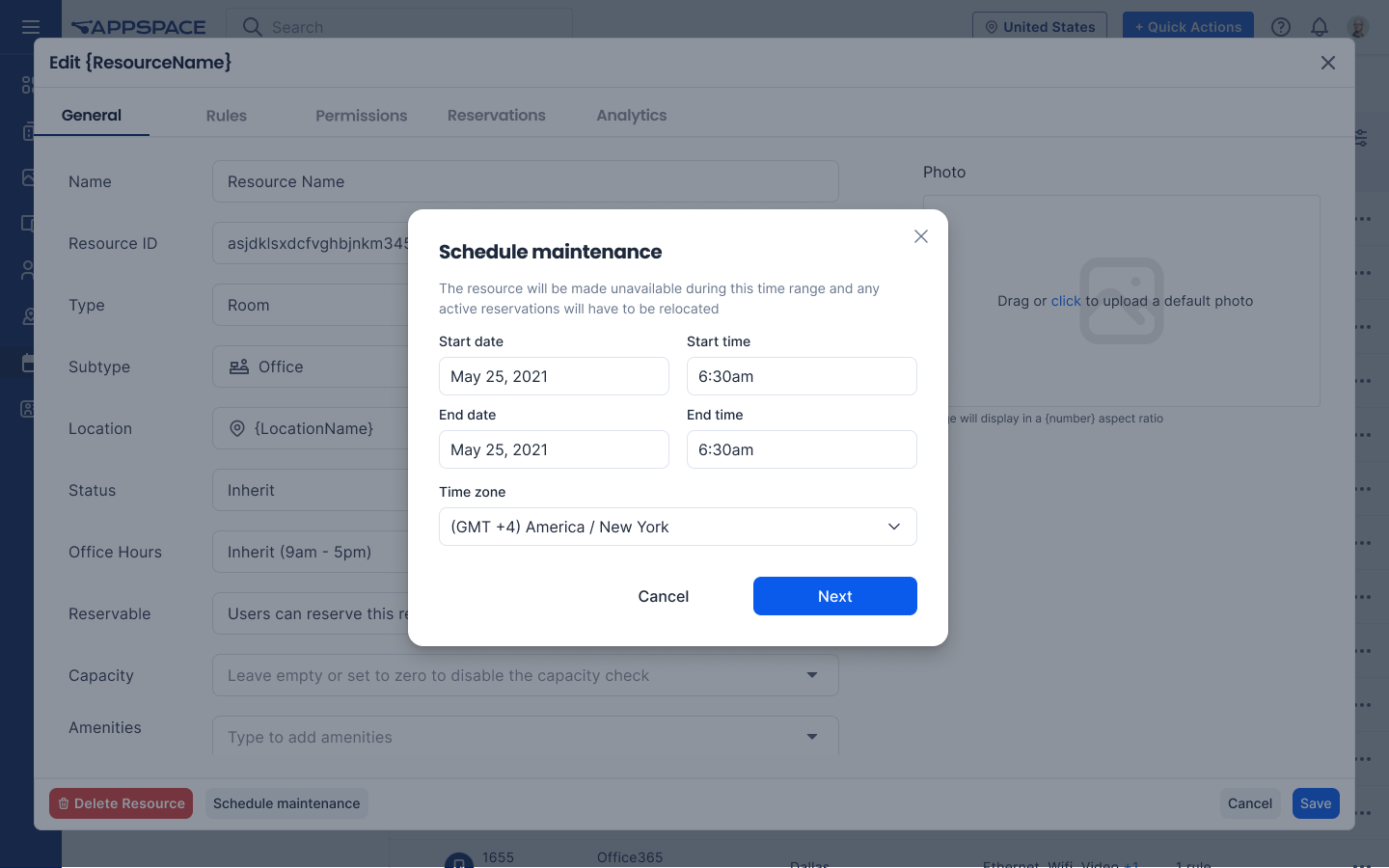 Schedule maintenance dialog, the entry point for facility managers